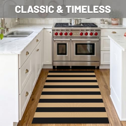 IOHOUZE 3x5 Striped Area Rug, Washable Front Porch Doormat, Black/Tan - Image 3