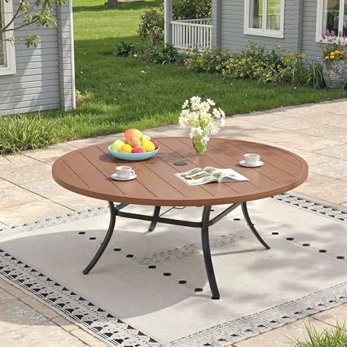 Outdoor Dining Table for 8, 60" Round Outdoor Table with Adjustable Umbrella Hole, All-Weather Metal Patio Dining Table for Lawn Garden Backyard Deck, Walnut by ProvideOutdoorSolutions