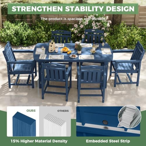 HDPE Outdoor Dining Set, Patio Table and 6 Chairs, 2" Umbrella Hole, Navy - Image 4
