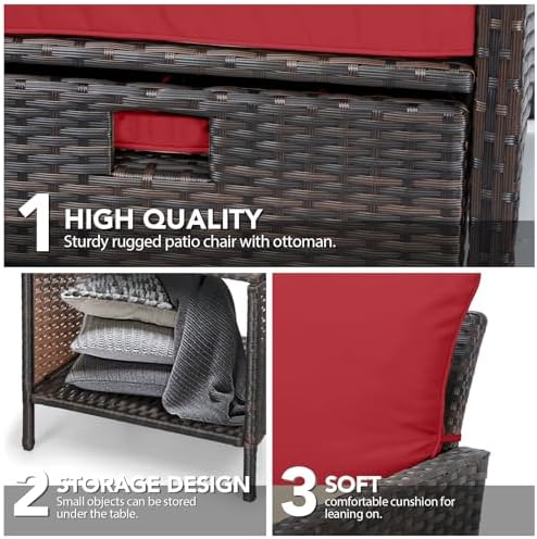 LEVELEVE Balcony Furniture 5 Piece Patio Conversation Set, PE Wicker Rattan Outdoor Lounge Chairs with Soft Cushions 2 Ottoman&Glass Table for Porch, Lawn-Brown Wicker（Wine Red - Image 6