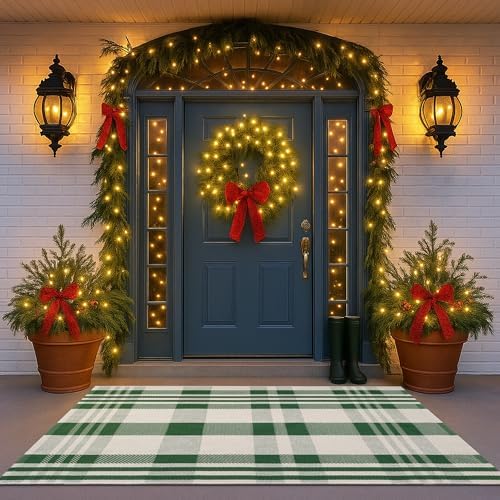 Christmas Green & White Check Rug - 4' x 6' Outdoor Front Door Decor Mat Cotton Washable Hand-Woven Rug Christmas New Year Holiday Porch Entryway Layered Doormat - Image 2