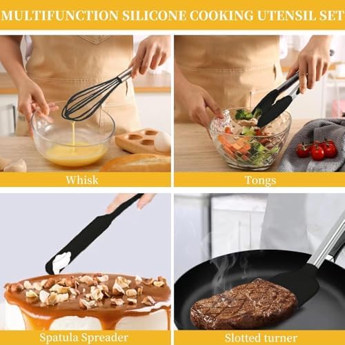 Silicone Kitchen Cooking Utensils Set with Stainless Steel Handle, Spatula Set Utensil Set, Cooking Utensil Set,Kitchen Tools Gadgets for Nonstick Cookware (35, Black) - Image 3