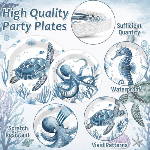 96PCS Summer Ocean Animal Party Paper Plates and Napkins Set for Under the Sea Party Paper Plates Underwater Creature Disposable Decor Sea Parties Set for Kids Birthday Gatherings Decorations - Image 3
