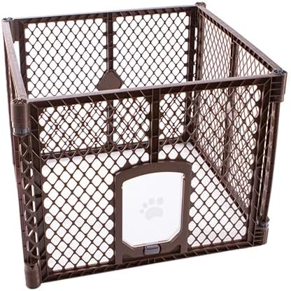 MyPet North States Petyard Passage: 4-Panel Folding Dog Playpen Indoor or Outdoor. 7 sq. ft. Puppy Playpen, Lockable Pet Door. Freestanding Play Pen Dog Gate. Made in USA. 26" Tall, Brown by NorthStatesMyPet