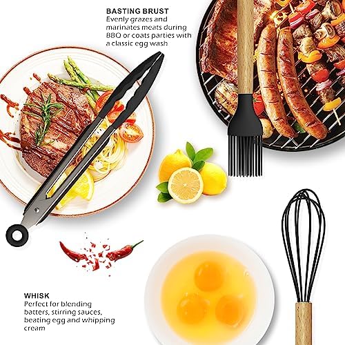 oannao Silicone Cooking Utensils Set - 446°F Heat Resistant Silicone Kitchen Utensils for Cooking,Kitchen Utensil Spatula Set w Wooden Handles, BPA FREE Gadgets for Non-Stick Cookware (Black) - Image 4