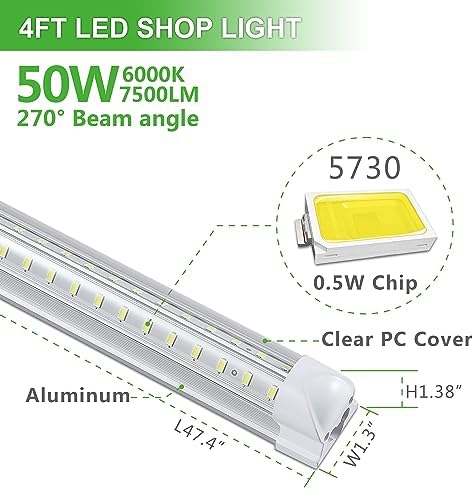 Skymoatled 12Pack 4FT LED Shop Light Garage Lights,50W 6000K 7500LM White Light,Hanging/Surface Mount,Plug and Play,Linkable T8 LED Shop Lights,Commercial Bay Lighting for Warehouse Workshop Basement - Image 3