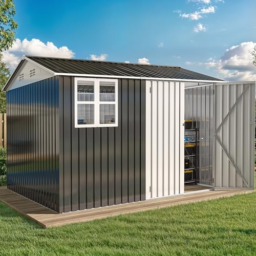 DWVO 10x8ft Large Tool Storage Shed with Window, Lockable Doors, and Sloped Roof, Oversized Steel Outdoor Storage Shed for Garden, Patio, Garage, Backyard, Lawn - Gray & White - Image 2