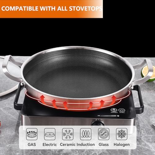 DELARLO Skillet With Lid,Tri-Ply Stainless Steel Pan,12 Inch Non Stick Paella Pan,Skillets And Frying Pans,Nonstick skillet Kitchen Oven Safe Skillet,Heavy Duty Style - Image 4