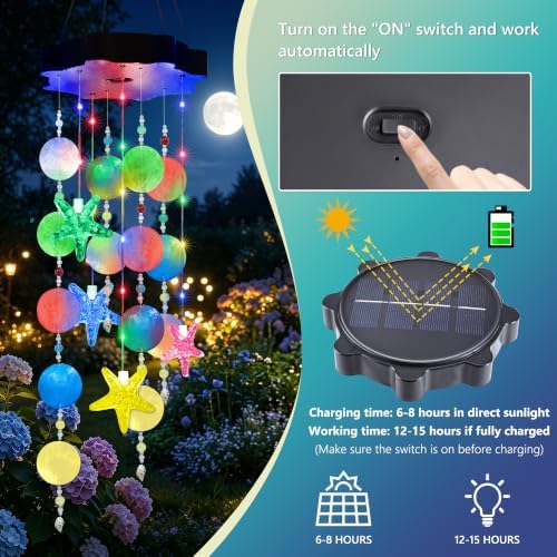 Toodour Boho Wind Chimes for Outside, Birthday Gifts for Women Mom Grandma, Waterproof 21 LED Solar Powered Shell Sea Star Hanging Lights for Patio Garden Yard Porch Outdoor Decor - Multicolor - Image 5