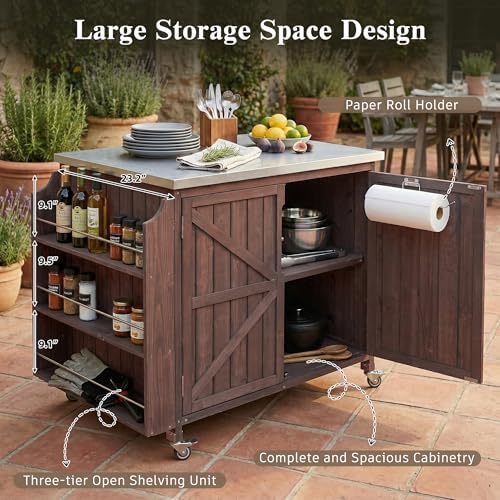 42.1" Outdoor Kitchen Island with Side Shelf and Stainless Top, Dark Brown - Image 5