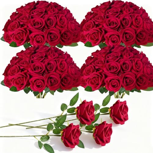 100Pcs Red Roses Artificial Flowers with Stems，Fake Roses Bouquet Fake Flowers Bulk，Silk Velvet Roses for Wedding Centerpieces Arrangement Baby Shower Birthday Home Decor Gifts by Cherica