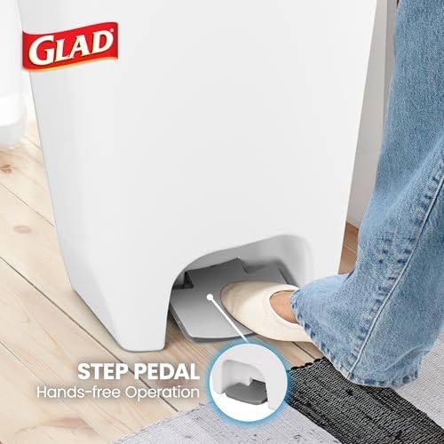 Glad 13 Gallon Trash Can with Clorox Odor Protection | Plastic Kitchen Waste Bin | Hands Free with Step On Foot Pedal and Garbage Bag Rings, White - Image 4