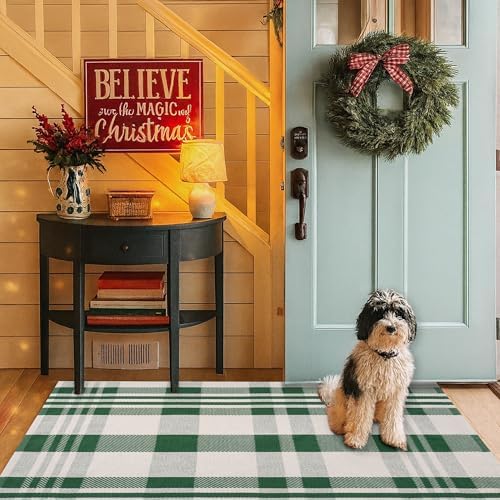 Christmas Green & White Check Rug - 4' x 6' Outdoor Front Door Decor Mat Cotton Washable Hand-Woven Rug Christmas New Year Holiday Porch Entryway Layered Doormat - Image 7