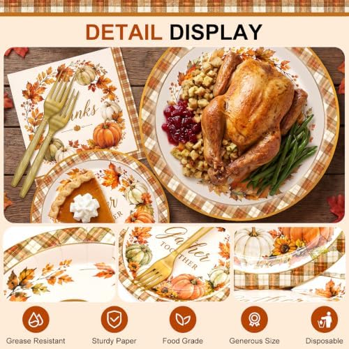 96 Pieces Thanksgiving Tableware Set – Fall Pumpkin Disposable Plates, Napkins, and Gold Forks for Thanksgiving Dinner, Friendsgiving, Harvest Party and Autumn Celebrations – Serves 24 Guests - Image 4