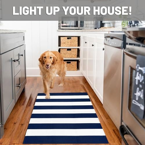 IOHOUZE 3x5 Striped Area Rug, Washable Front Porch Doormat, Navy/White - Image 3