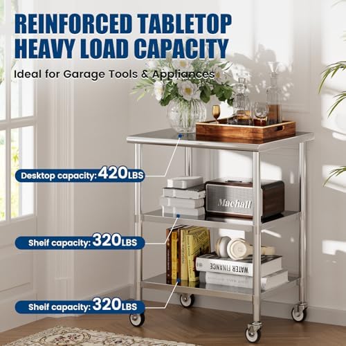 Stainless Steel Work Table with Wheels, 24x30 Inch NSF Kitchen Prep Table with 2 Adjustable Undershelves for Commercial Restaurant, Garage, Outdoor BBQ - Image 2