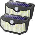 HMCITY 120 LED Outdoor Solar Lights with Motion Sensor and 3 Lighting Modes, IP65 Waterproof Wide Solar Wall Lights Ideal for Garden Patio Yard (Front Button 2Packs, Black Shell-Daylight White) by LightingUpYourLife