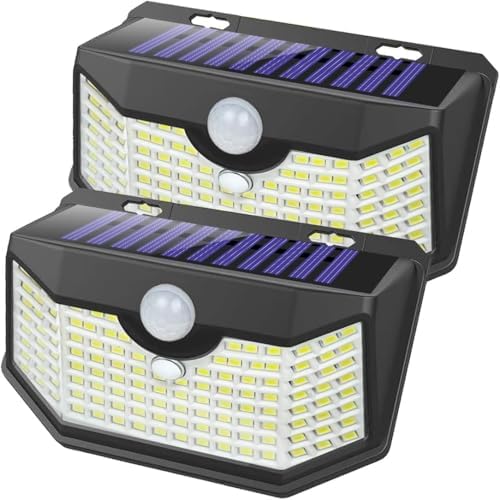 HMCITY 120 LED Outdoor Solar Lights with Motion Sensor and 3 Lighting Modes, IP65 Waterproof Wide Solar Wall Lights Ideal for Garden Patio Yard (Front Button 2Packs, Black Shell-Daylight White) by LightingUpYourLife