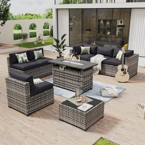 Aoxun 8 Piece Patio Furniture Set with 44" Fire Pit Table Wicker Rattan by Aoxun