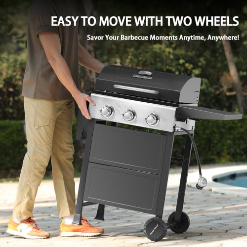 MASTER COOK 3 Burner BBQ Propane Gas Grill, 472 Sq. In. Cooking Area, 30,000 BTU Stainless Steel Barbecue Grill with Two Foldable Shelves for Outdoor Patio, Backyard - Image 6