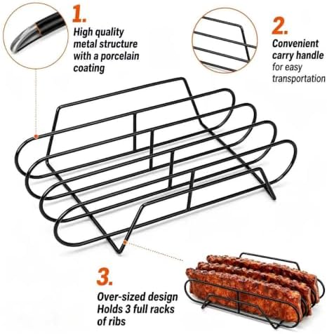 Rib Rack for Smoking –Rib Racks for Grilling and Smoking for 3 Full Racks of Ribs– Fits 18" Smoker, Weber, Kamado, Traeger – BBQ Grill Accessories for Men & Meat Lovers（15", Black, 2 Pack） - Image 3