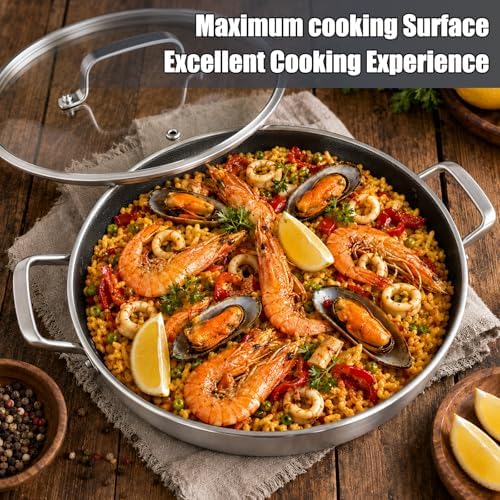 DELARLO 10 Inch Tri-Ply Stainless Steel Paella Pan with Lid, Nonstick Hybrid Frying Pan for Induction, Stainless Steel Frying Pan for Seafood, Rice, Indoor & Outdoor Cooking, Serves 4-6 People - Image 5