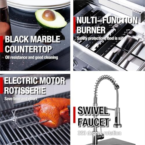 104-Inch 4-Burner 72000 BTU Deluxe Stainless Steel Propane Gas Outdoor Kitchen Bar, BBQ Island Grill with Wine Cooler, Compact Refrigerator, Rotisserie & Granite Countertops, For Backyard BBQ, Sliver - Image 7