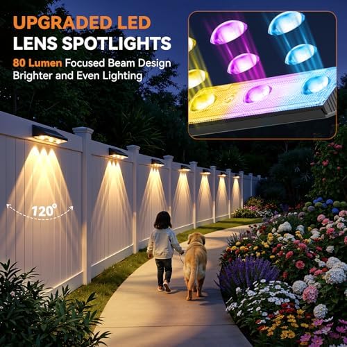 Solar Fence Lights Outdoor 12 Pack, Upgraded Brightness 3X LED Lens Fence Lights Solar Powered, 9 Fixed Colors & RGB Lights, IP65 Waterproof Solar Lights for Outside Backyard/Railing/Step/Patio - Image 2