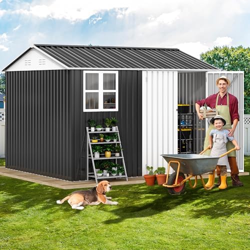 DWVO 10x8ft Metal Outdoor Storage Shed with Window, Lockable Tool Storage Sheds, Oversized Steel Garden Sheds with Sloped Roof for Backyard, Patio, Garage, Lawn (Gray + White) - Image 2