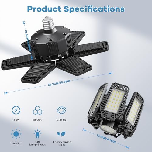 4 Pack Garage Light - 180W 18000 LM 6500K Deformable Garage Lights Ceiling LED with 6+1 Adjustable Panels, Shop Lights E26/E27 Screw Socket for workshops, Parking, Basement, Storage Room - Image 4