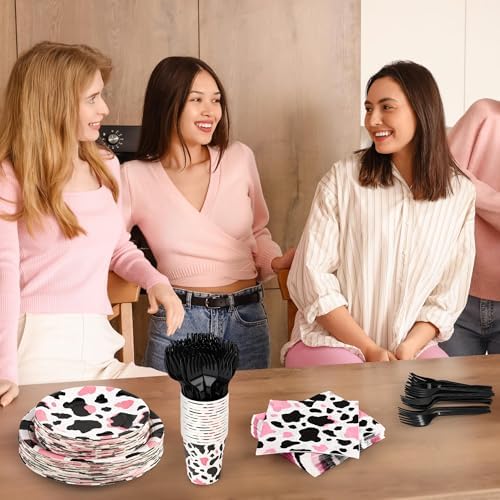 Kochorie 144 Pieces Pink Cow Print Party Supplies, Cowgirl Pink Cow Tableware Sets Including Disposable Paper Plates Napkins Cups Forks Serves 24 for Baby Shower Birthday Party Decorations - Image 6