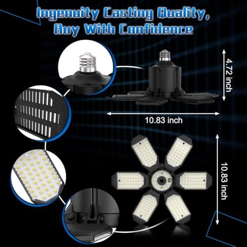LED Garage Lights - 30000LM Super Brighter Garage Lighting w/ 6 Deformable Panels 6500K Led Shop Lights E26 Screw in Base for Basement Workshop Warehouse Attic - 2Pack - Image 5