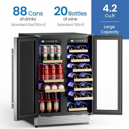 24 Inch Wine and Beverage Refrigerator, 85 Cans and 18 Bottles Dual Zone Wine Fridge with Glass Door Built in or Freestanding, Under Counter Refrigerator for Soda Beer Wine-Kitchen Bar Office - Image 3