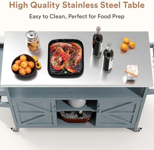Zevemomo Outdoor Grill Cart with Storage, Lockable Casters, Gray-Blue - Image 4