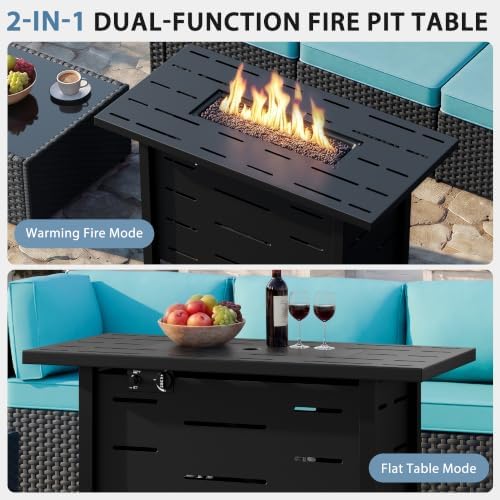 Shintenchi 8 Piece Outdoor Patio Furniture Set with 43 Inch Propane Fire Pit, Washable Cushions, Glass Coffee Table, Waterproof Cover & CSA Certified for Backyard Poolside, Black PE Rattan/Blue - Image 6
