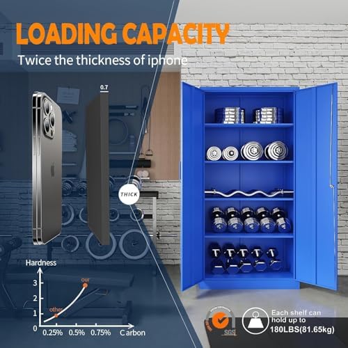 Yizosh Metal Garage Storage Cabinet with 2 Doors and 5 Adjustable Shelves - 71" Steel Lockable File Cabinet,Locking Tool Cabinets for Office,Home,Garage,Gym,School (Blue) - Image 5