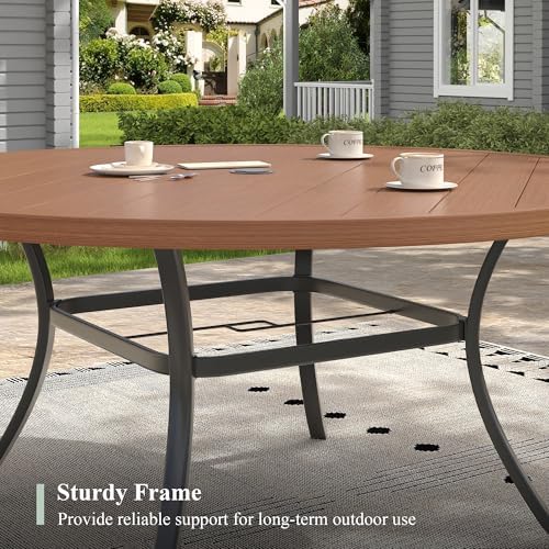 Outdoor Dining Table for 8, 60" Round Outdoor Table with Adjustable Umbrella Hole, All-Weather Metal Patio Dining Table for Lawn Garden Backyard Deck, Walnut - Image 6