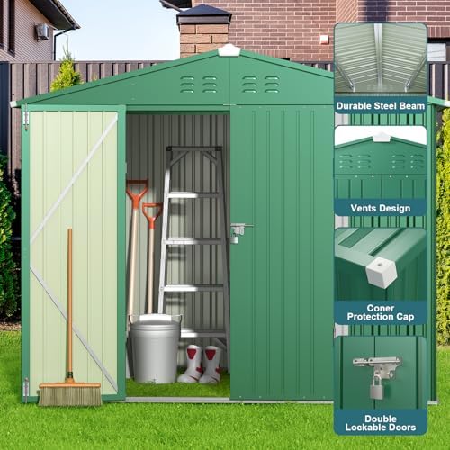 Gizoon 8 x 6 FT Outdoor Storage Shed, Galvanized Metal Garden Shed, Green - Image 6