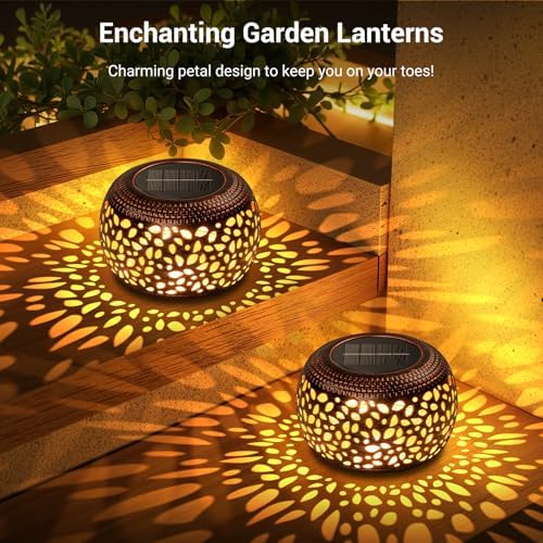 Solar Lanterns Outdoor Waterproof: 2 Pack Hollowed-Out Retro Metal Lantern Lights - Solar Lantern Decorative - Gifts for Women Mother's Day, Outside Garden Yard Patio & Indoor Tabletop Decor - Image 5