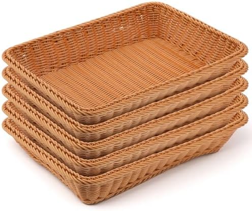 5 Pack 15.8 Inch Large Wicker Bread Baskets, Brown Woven Serving Basket Trays for Food, Bread, Fruits, Vegetables, Snacks - PVC Rattan Display for Restaurant & Home by Unknown