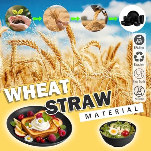 Wheat Straw Dinnerware Sets 16 PCS, Unbreakable Kids Plates and Bowls for 4-9 IN Plates, 26 OZ Cereal Bowls, 2 OZ Dipping Bowl, 12 OZ Cups, Dishwasher & Microwave Safe Plate Set - Black - Image 6
