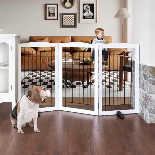 ZJSF Freestanding Dog Fence Indoor, Foldable Dog Gate for Doorways, Stairs or Hallways, Sturdy Wood Extra Wide Pet Gate with Support Feet for The House, White, 32 "Height-3 Panels by ZJSF