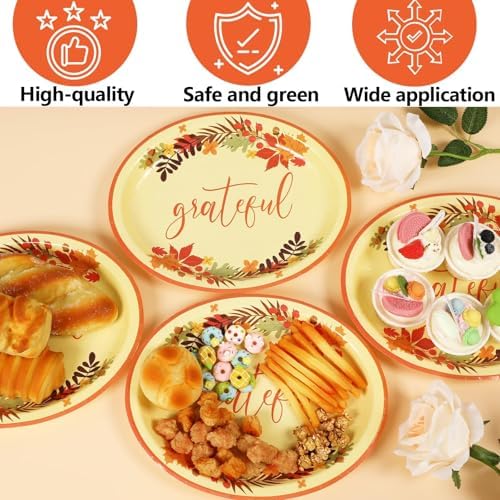 Qyeahkj 50 PCS Thanksgiving Oval Paper Plates Large 11” Heavy Duty Disposable Give Thanks Plates Fall Party Decorations Autumn Maple Leaf Serving Tray Fall Party Tableware Set - Image 3