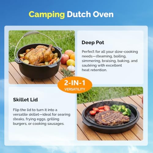 ROVSUN 3.7 QT Cast Iron Dutch Oven with Lid, Pre-Seasoned Camping Pot for Campfire Grill & Oven, 2-in-1 Skillet Lid + Lid Lifter Hook, Outdoor Cast Iron Camping Cookware for 2-4 People - Image 6
