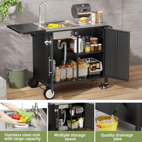 Outdoor Grill Table with Sink, Metal Worktable Kitchen Cabinet Island - Image 6