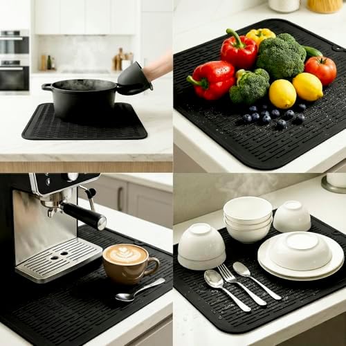 MicoYang Silicone Dish Drying Mat for Multiple Usage,Easy clean,Eco-friendly,Heat-resistant Silicone Mat for Kitchen Counter or Sink,Refrigerator or Drawer Liner Black XL 18 inches x 16 inches - Image 4