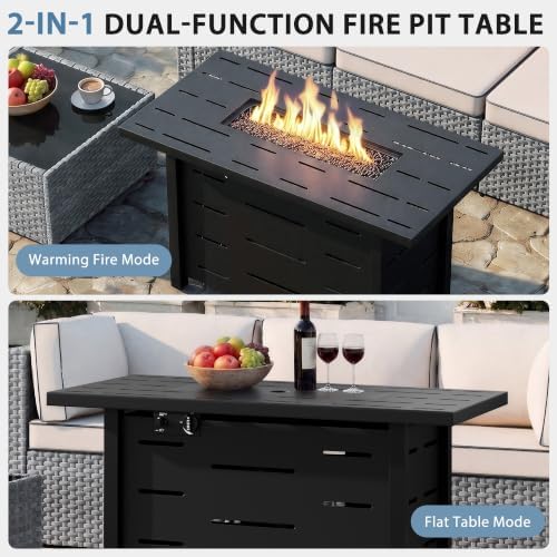 Shintenchi 6 Piece Outdoor Patio Furniture Set with 43 Inch Propane Fire Pit, Washable Cushions, Glass Coffee Table, Waterproof Cover & CSA Certified for Backyard Poolside, Silver PE Rattan/Khaki - Image 6