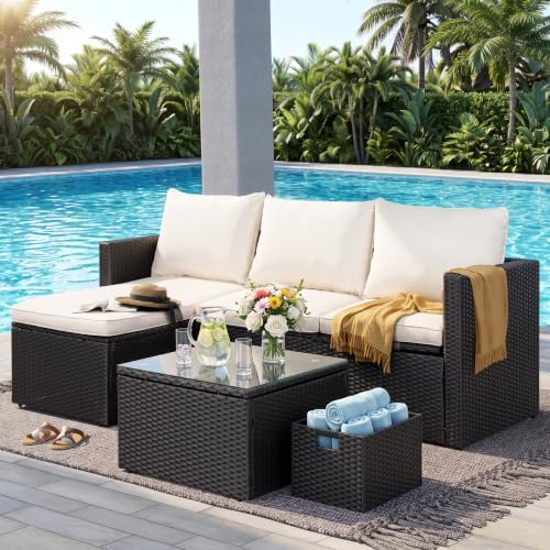 SUNLEI Patio Furniture Set with Detachable Soft Cushions, Outdoor PE Rattan Patio Conversation Sofa Set, 3-Piece Patio Sectional Sofa with Glass Coffee Table (Black Rattan&White) by SUNLEI