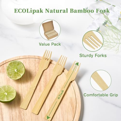 ECOLipak 300 Count Disposable Compostable Bamboo Forks for Party, Dinner - Image 3