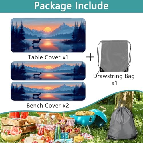 3 PCS Picnic Table Cover with Bench Covers & Storage Bag, Waterproof Fitted Camping Tablecloth with Elastic, 30x96 Inch, Sunset Mountain Lake Deer Forest Print, Indoor Outdoor Patio RV Party Table - Image 6